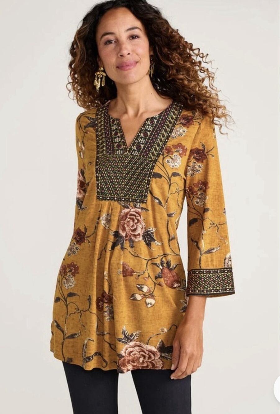 Soft Surroundings Vibrant Earthly Floral Embroidered Tunic Top Sz L Flowy Boho